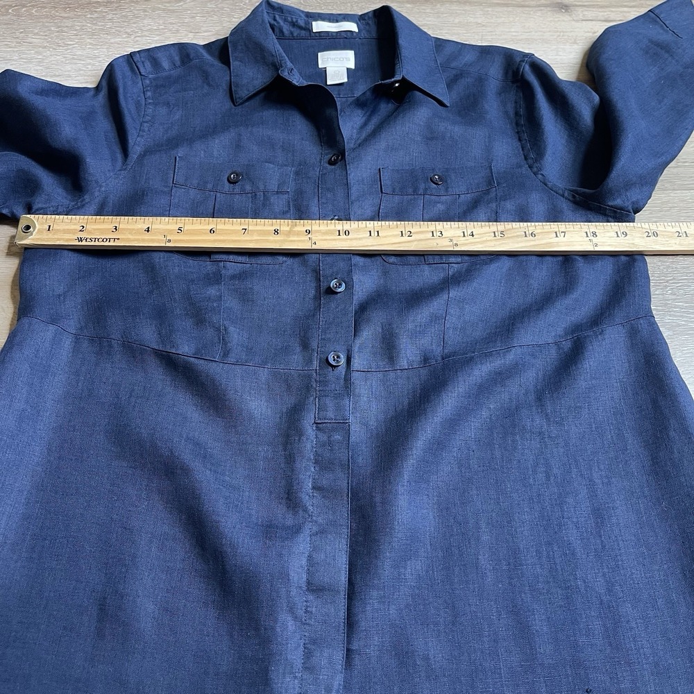 Chicos Linen Button Down Shirt No Iron Blouse Top Navy Blue 0 Roll Tab Sleeve - Picture 3 of 7